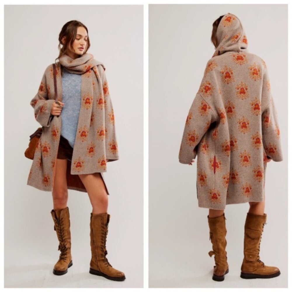 Free People Gray and Orange Patterned Cardigan